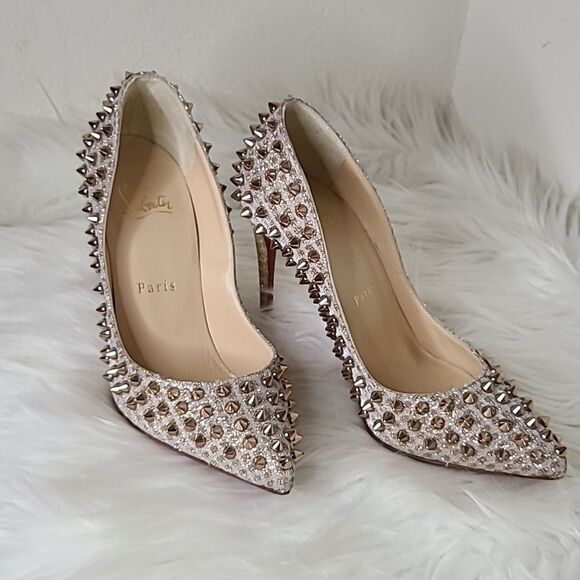 Christian Louboutin Spiked Heels in Silver and Cream - Picture 2 of 16